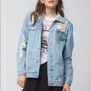 BoomBoom Jeans Jacket Denim Blue Shredded Distressed Denim Button Front Pocket M